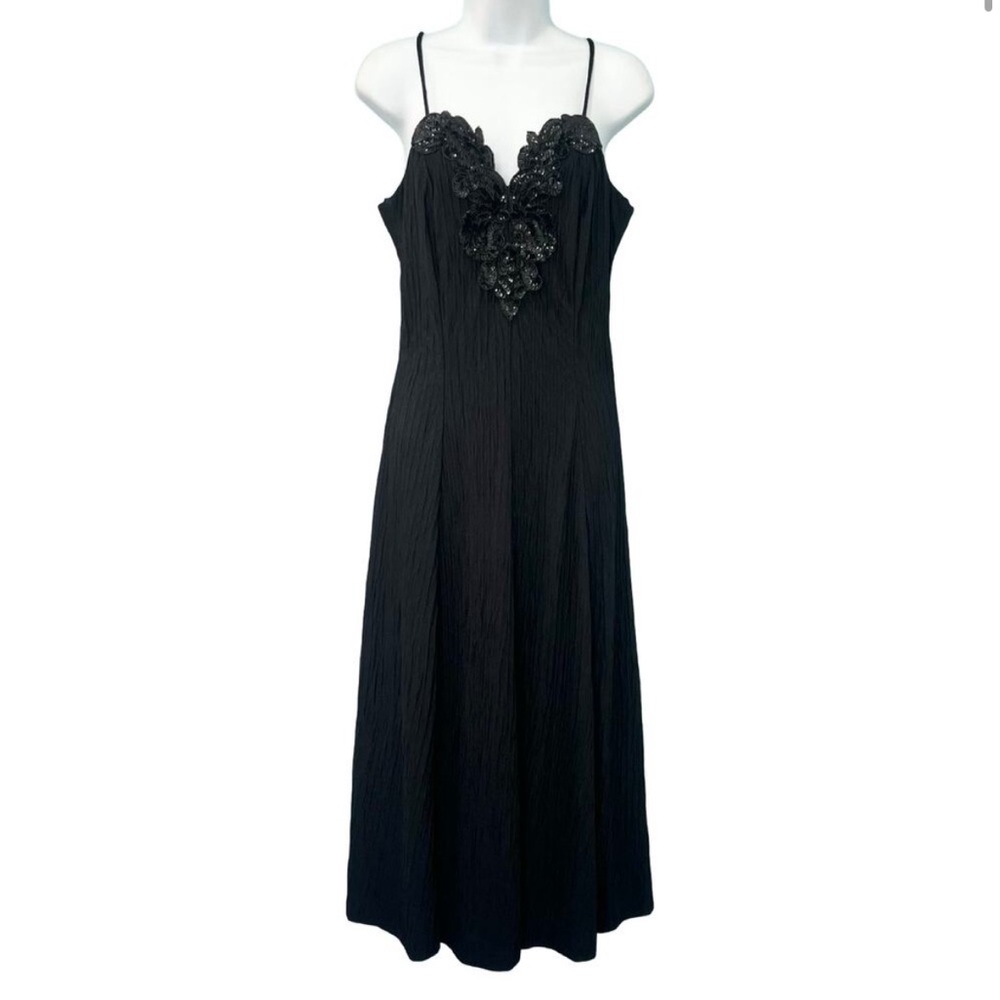 Vintage 80s Black Crepe Sleeveless Sequin Fit and Flare Midi Dress Size 10